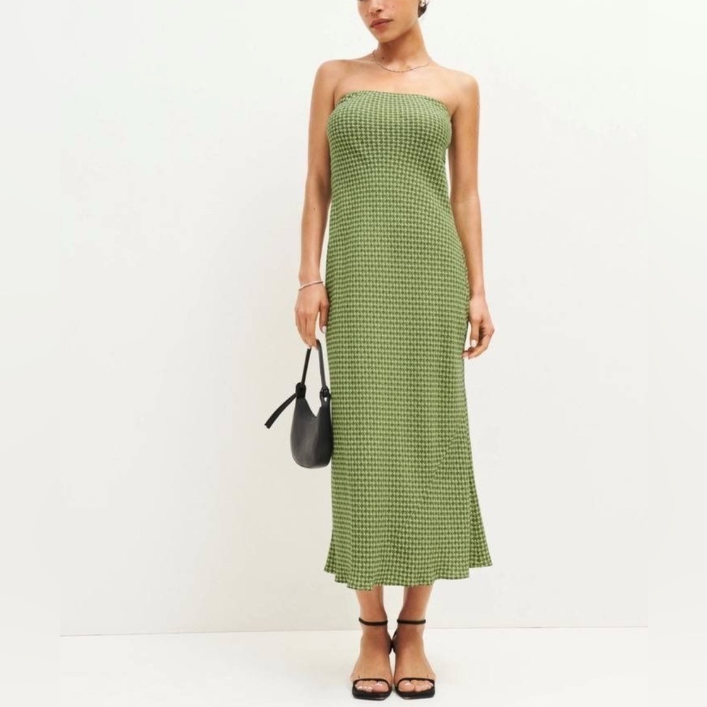 Reformation Green Geometric Strapless Midi Dress XL European Summer Style